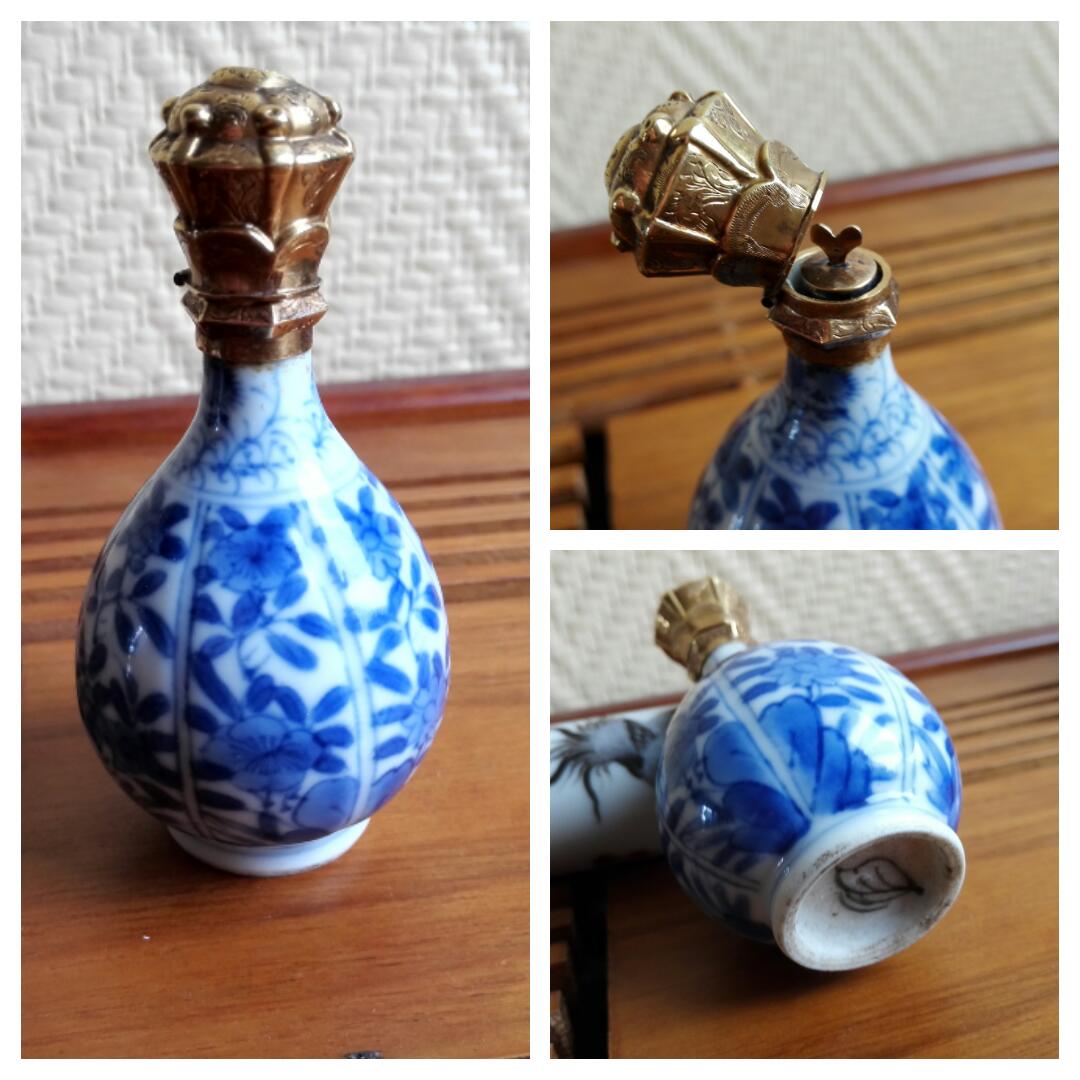 Céramique-Zisha 陶瓷紫砂: 清康熙树叶款黄金盖青花鼻烟壶